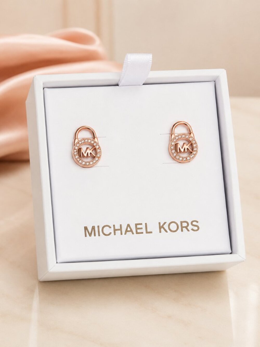 Michael Kors Rose Gold MK Lock Pavé Crystal Stud Earrings Gift Box NWT